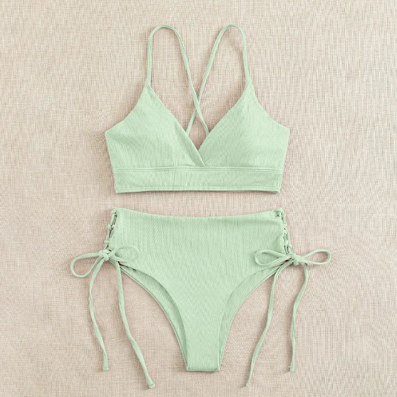 Cikini V-Neck Split Bikini Set – Sexy Lace-Up Triangular Solid Color Swimwear for Women
