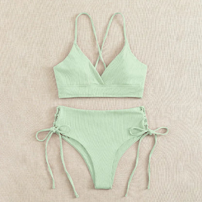 Cikini V-Neck Split Bikini Set – Sexy Lace-Up Triangular Solid Color Swimwear for Women