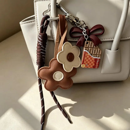 Flower Leather Bag Charm Keychain - Braided Cord & Acrylic Bow Floral Accessory for Women and Girls