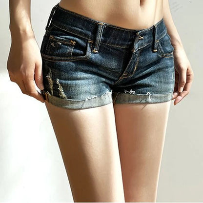 Summer Women’s Korean Style Denim Shorts – Low Waist Elastic Slim Fit Deep Blue Hot Pants