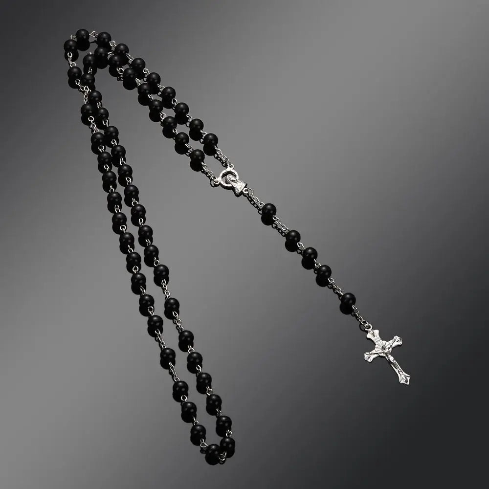 Vintage Cross Rosary Necklace – Fashion Beaded Chain with Jesus Crucifix & Virgin Mary Pendant Religious Jewelry for Men & Women