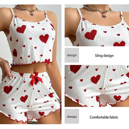 Women's 2PC Pajama Set – Soft Sleeveless Tank & Shorts | Casual Sleepwear with Love Print (S- L, White)