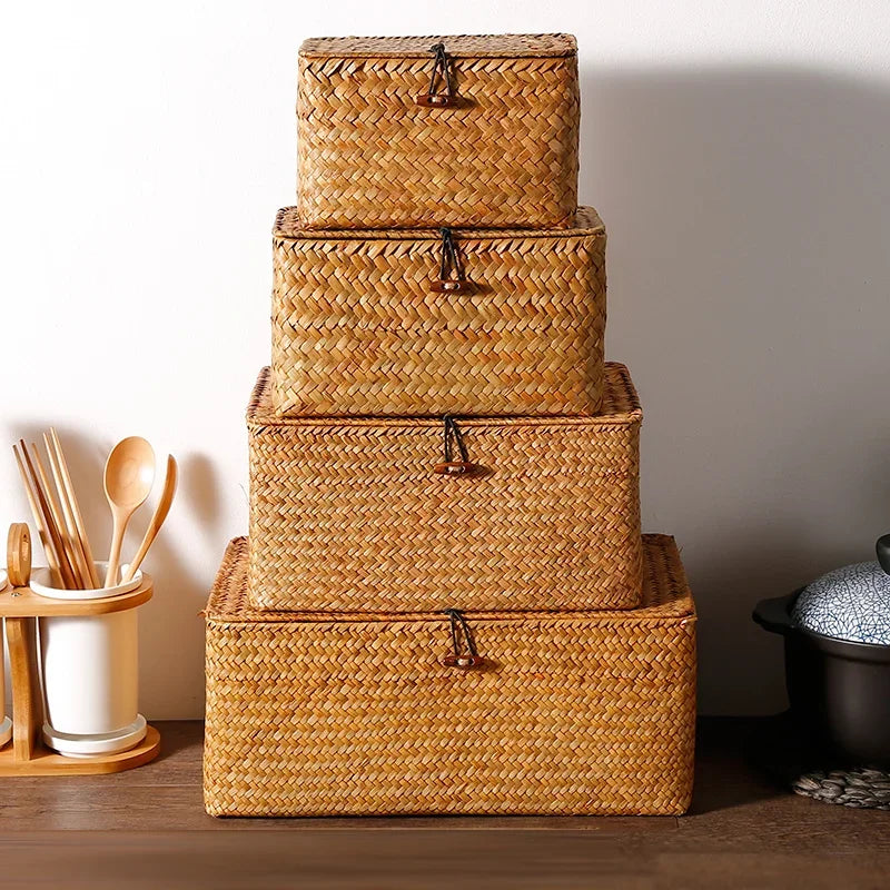 Handmade Seagrass Woven Storage Box with Lid - Seaweed Finishing Basket for Sundries, Bath Cosmetics, and Towels, Model MX01161829