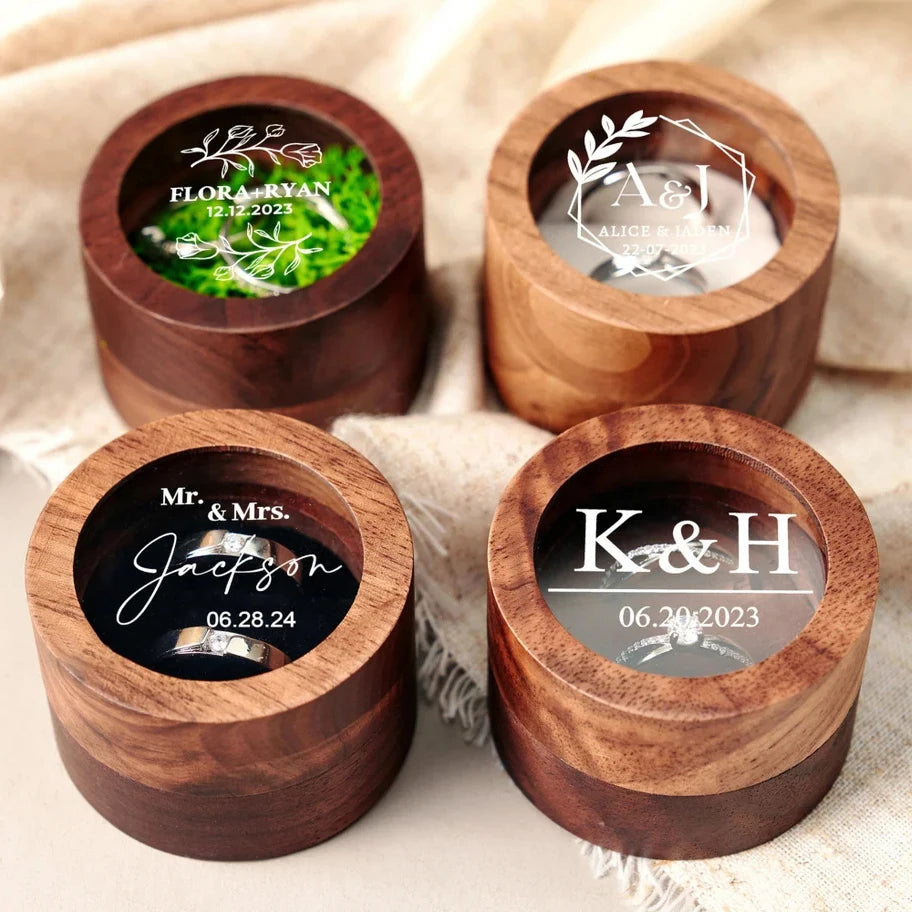 Custom Logo Wooden Ring Box – Engraved Walnut Wood Wedding & Engagement Box with Name & Date