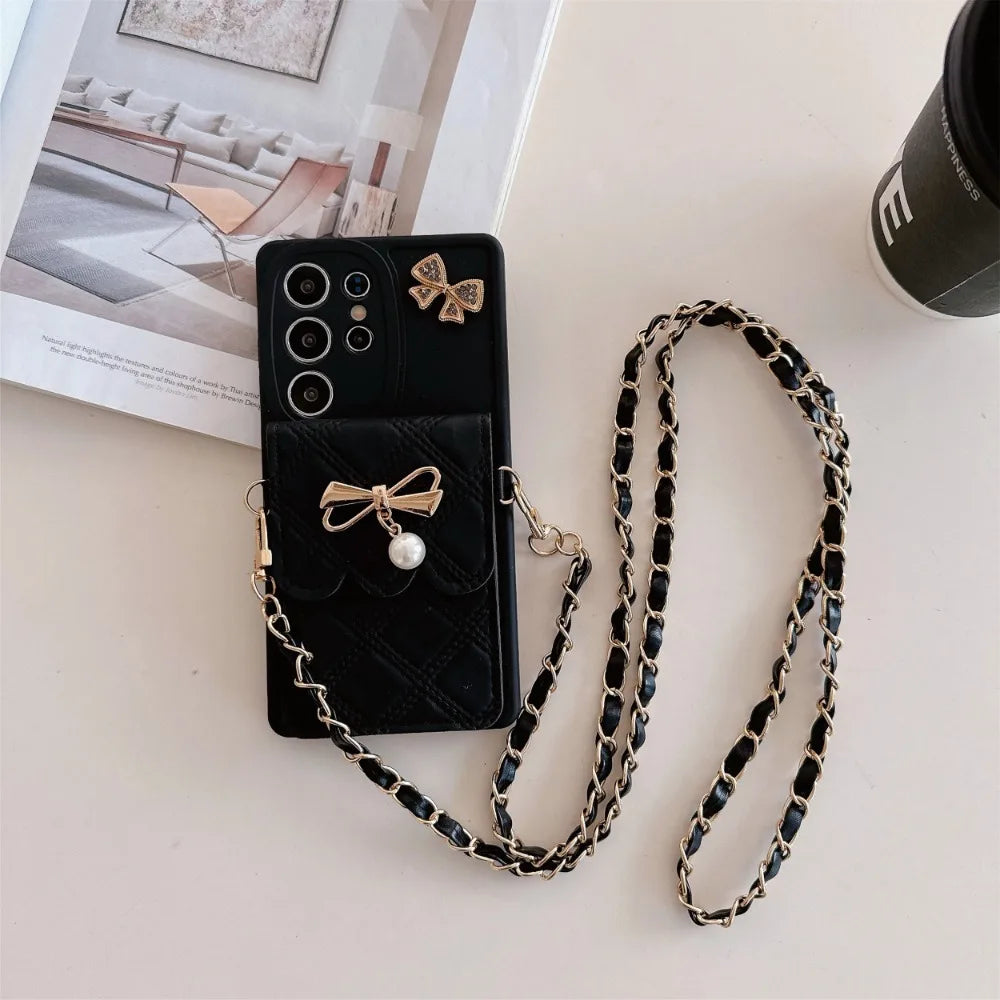 3D Bowknot Crossbody Wallet Phone Case — Card Holder Soft Cover for Samsung Galaxy S25 Ultra / S24 / S23 / S22+ / S21 / S20 FE / Note20