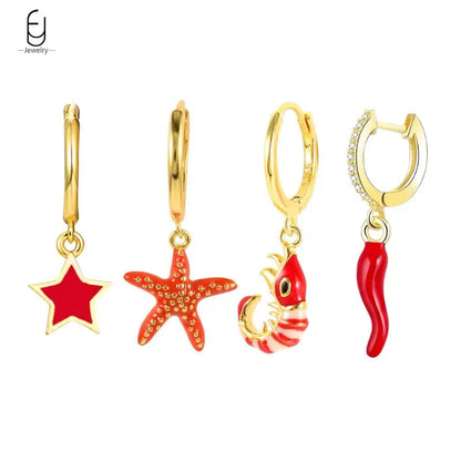 925 Sterling Silver Earrings for Women – Cute Starfish & Shrimp Pendant, Red Chili & Star Enamel Gold Fashion Jewelry