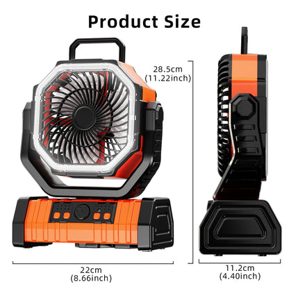 20000mAh Portable Rechargeable Fan — Battery-Operated Desk & Camping Fan with LED Light & Hook for Tent, Car, and Outdoor Trips