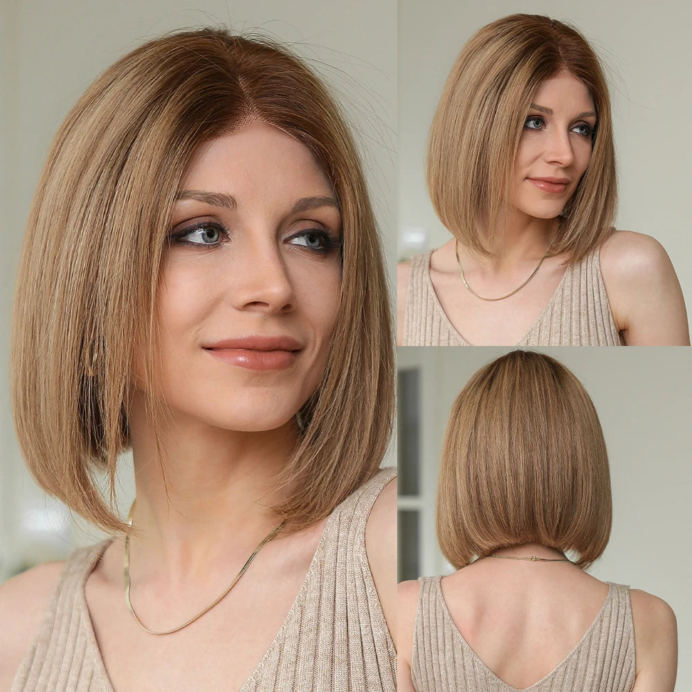 Brown Blonde Mixed Ombre Lace Front Wig – Short Wavy Bob Golden Blonde Remy Human Hair for White Women Daily Use