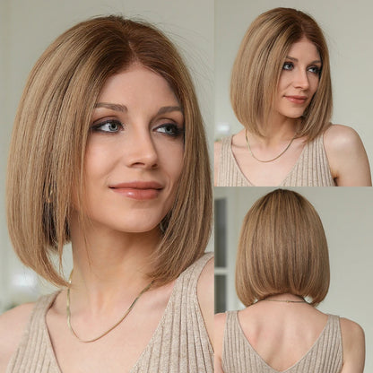 Brown Blonde Mixed Ombre Lace Front Wig – Short Wavy Bob Golden Blonde Remy Human Hair for White Women Daily Use