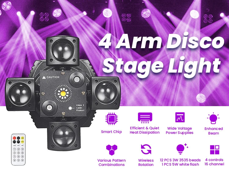48W 4-Arm Mini Moving Head DJ Light – RGBW LED Disco Strobe with DMX512 for Party, Nightclub & Stage Effects