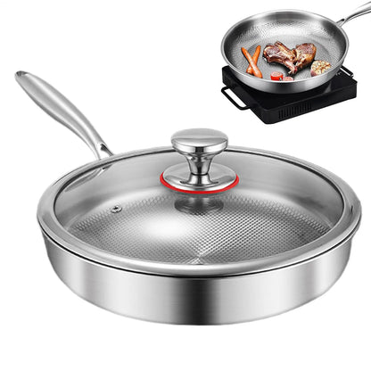 Titanium Frying Pan with Glass Lid - Non-Stick Even-Heating Stainless Steel Skillet for Kitchen Cooking, 26/28/30cm