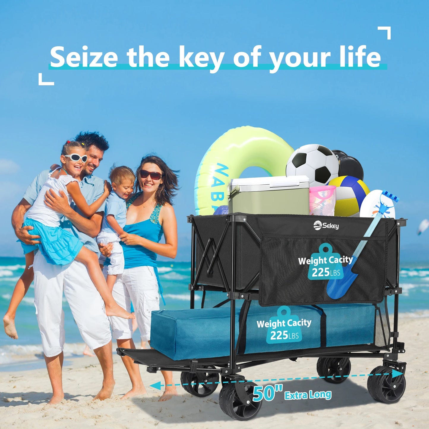 450LBS Double Decker Collapsible Wagon — 50"L Heavy-Duty Large Capacity Foldable Cart