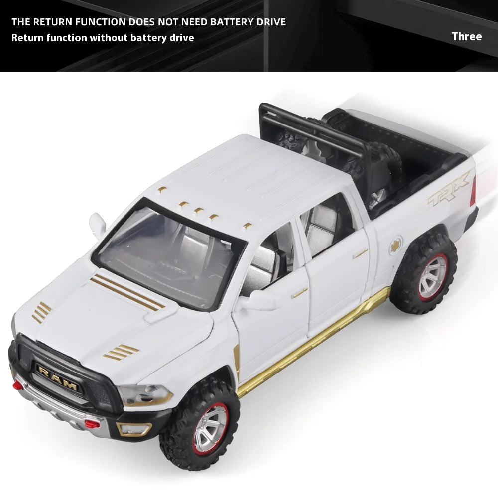 1:32 RAM Pickup Truck Alloy Model – Sound, Light & Spring-Back Action Toy for Kids’ Adventure Play