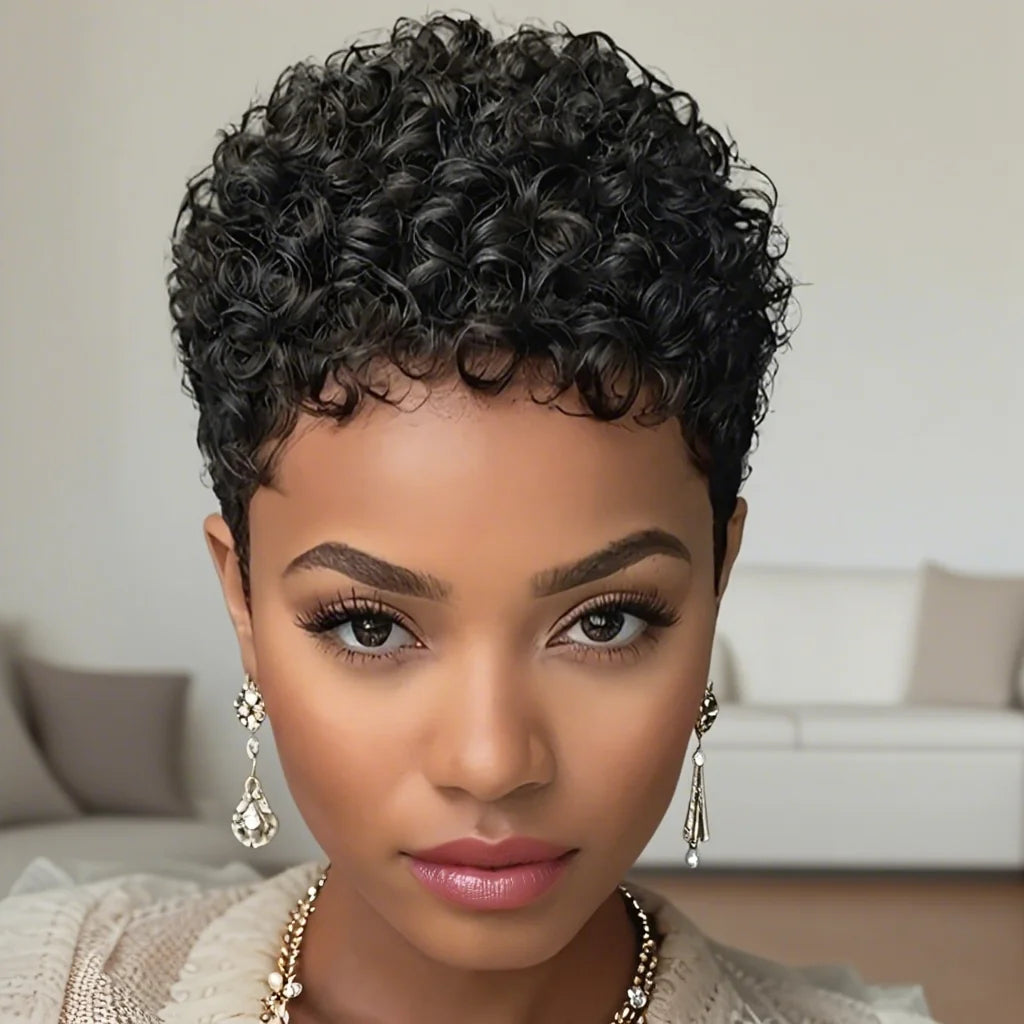 Short Afro Kinky Curly Human Hair Wig - Pixie Cut Full Machine-Made Wig for Women