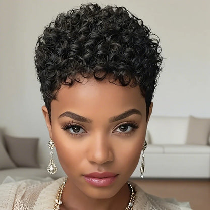 Short Afro Kinky Curly Human Hair Wig - Pixie Cut Full Machine-Made Wig for Women