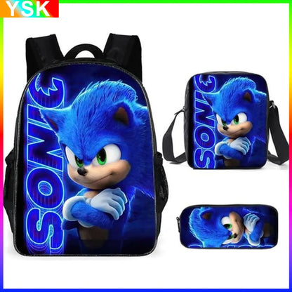 3PC Sonic Backpack School Bag Set – Anime Cartoon Zipper Backpack for Boys & Girls, Primary and Middle School Students