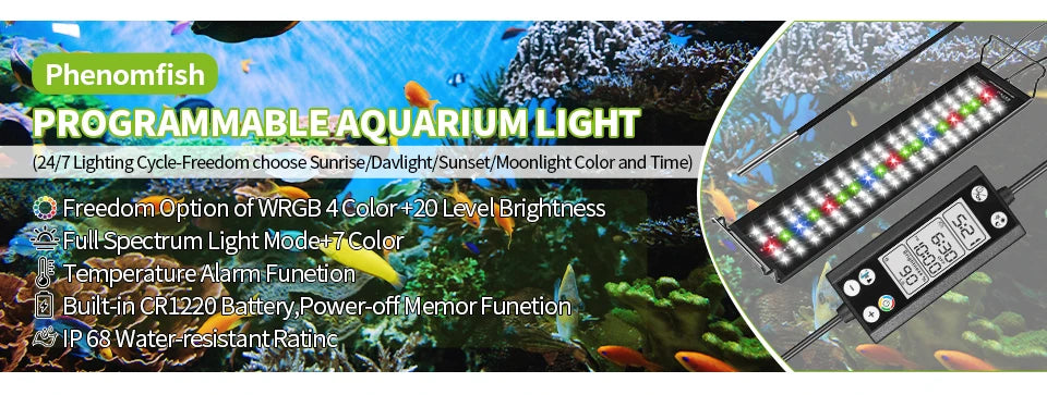 Full Spectrum Aquarium LED Light – 24/7 Lamp with Thermometer & Memory Function for Aquatic Plants