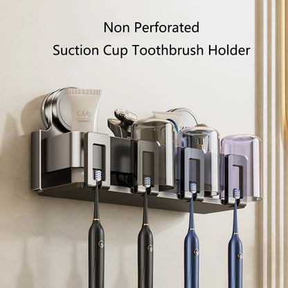 No-Drill Suction Cup Toothbrush Holder with Cup – Wall-Mounted Bathroom Storage Rack for Electric Toothbrush & Mouthwash