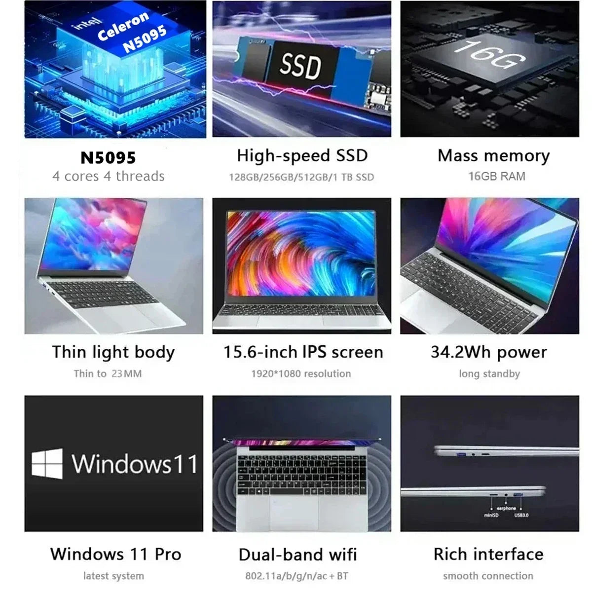 CARBAYTA 15.6" Laptop – Intel Celeron N5095, 16–32GB RAM, 128GB–2TB SSD, Windows 11, 1080P Notebook for Office & Study