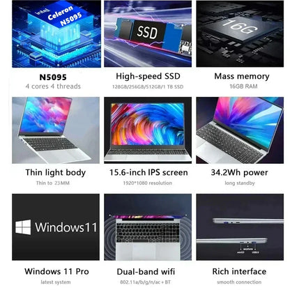 CARBAYTA 15.6" Laptop – Intel Celeron N5095, 16–32GB RAM, 128GB–2TB SSD, Windows 11, 1080P Notebook for Office & Study