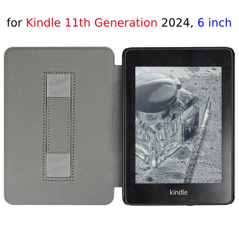 6" Kindle 11th Generation 2024 Case | PU Leather Ebook Cover with Hand Strap & Auto Wake Sleep