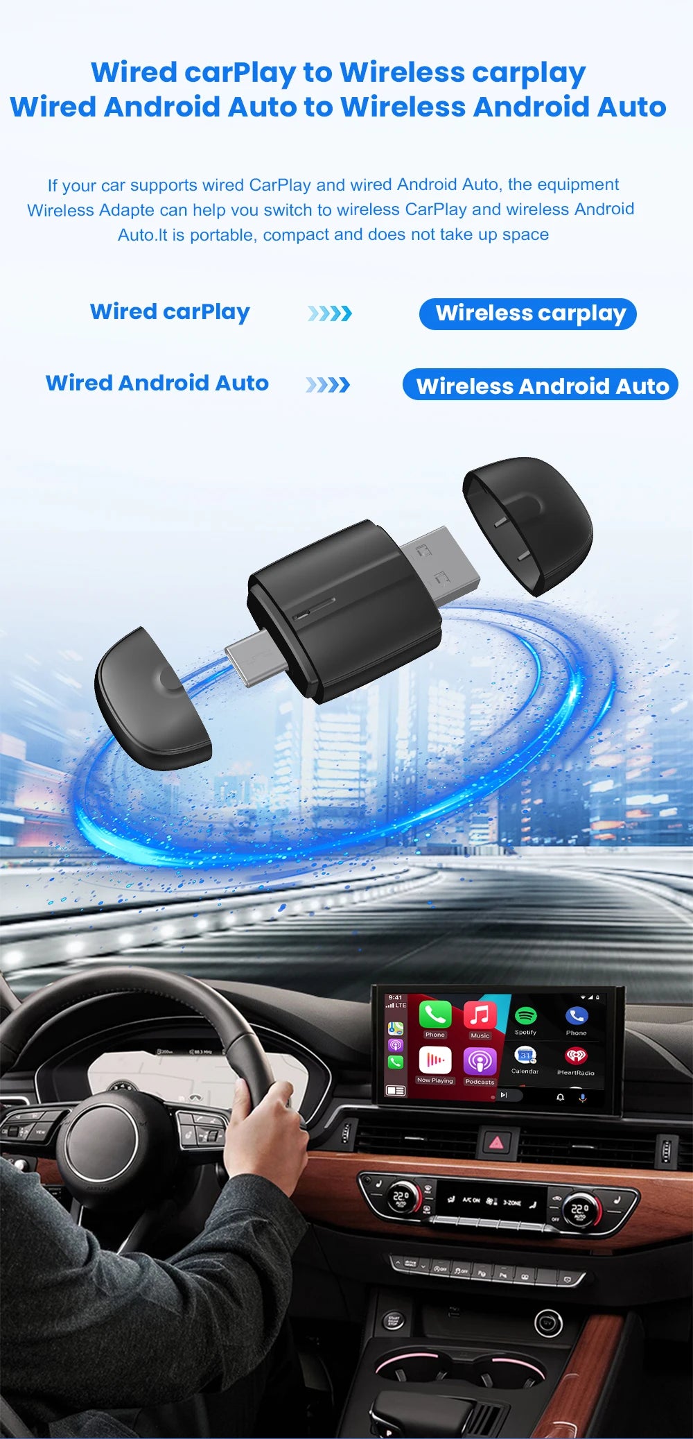 2-in-1 Wireless CarPlay & Android Auto Dongle – Type-C USB Bluetooth WiFi Adapter for Chevrolet, Citroen, Buick, Cadillac, Chery, VW