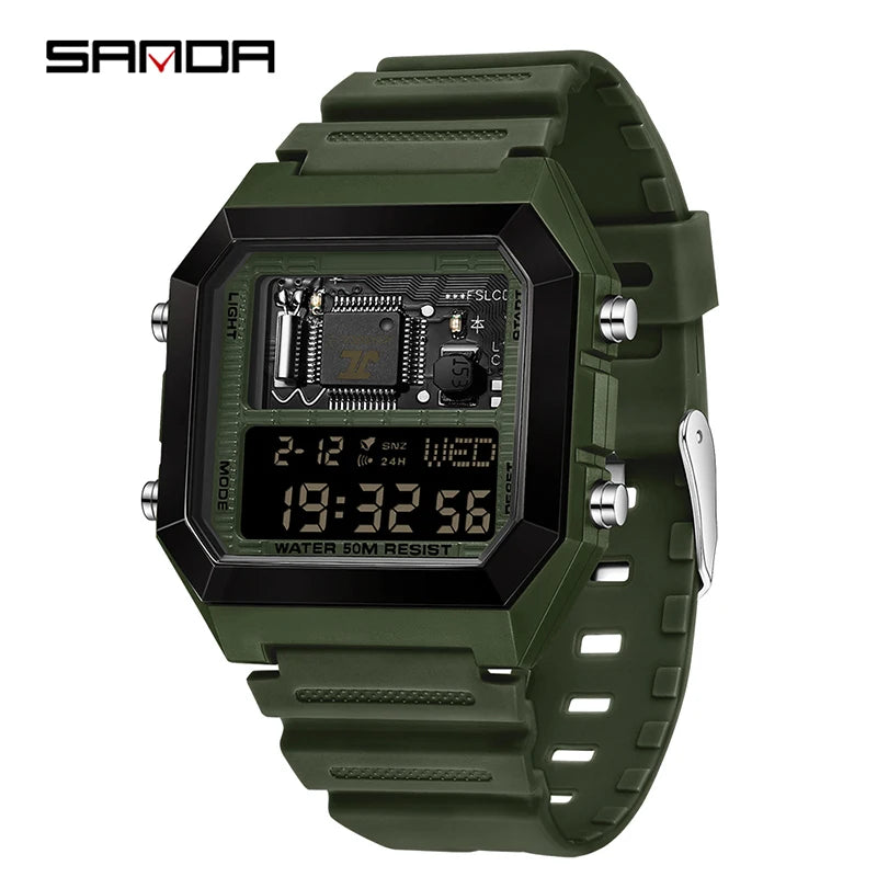SANDA 6216 Men's Digital Sport Watch - Square LED Display, Waterproof Alarm & Stopwatch