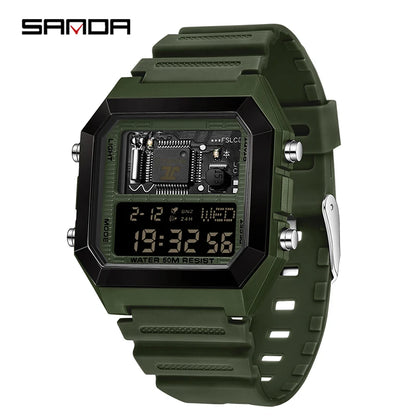 SANDA 6216 Men's Digital Sport Watch - Square LED Display, Waterproof Alarm & Stopwatch