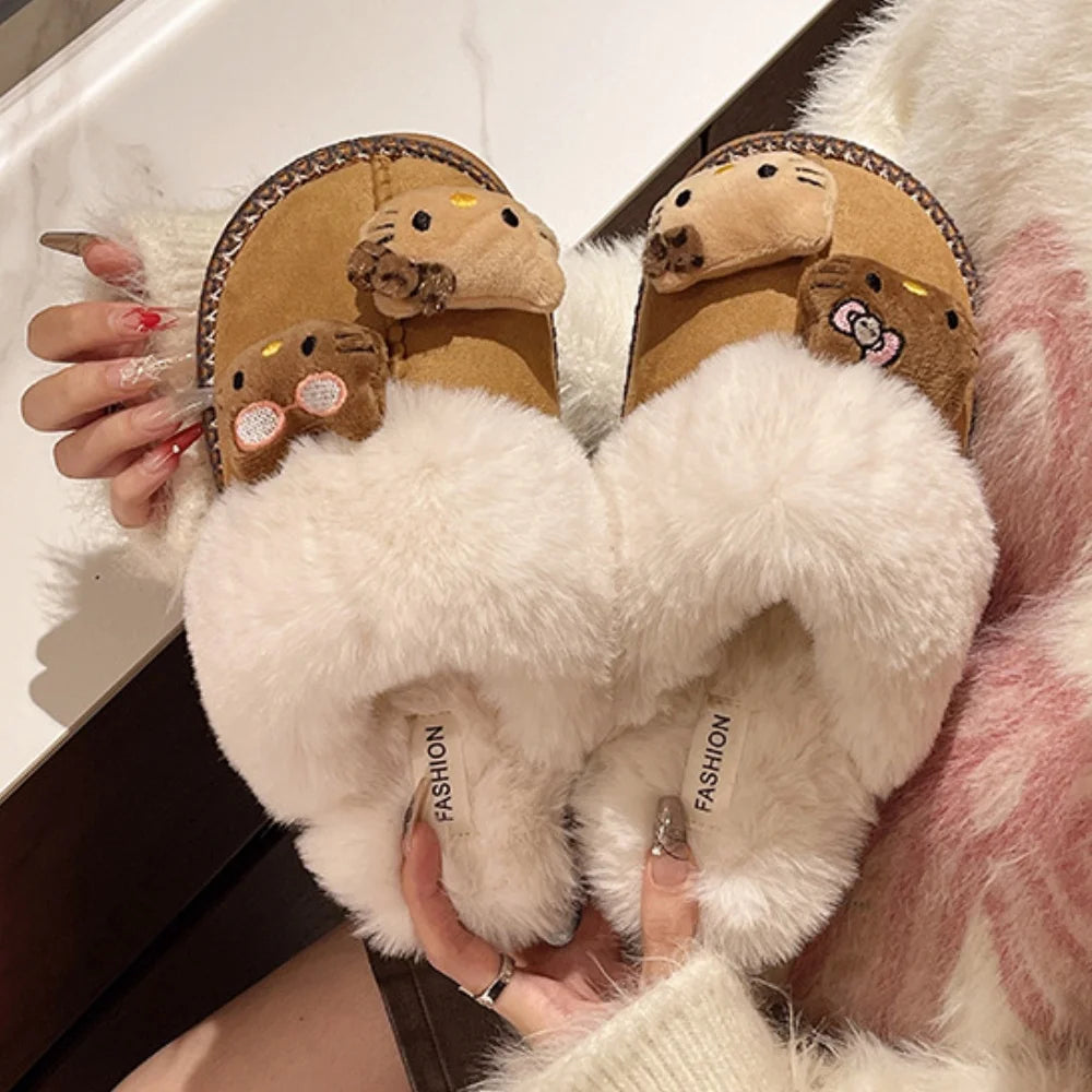 Sanrio Hello Kitty Winter Plush Slippers – Cute Fuzzy Warm Kawaii Women’s Home Shoes, Y2K Style, Non-Slip Outdoor Flats