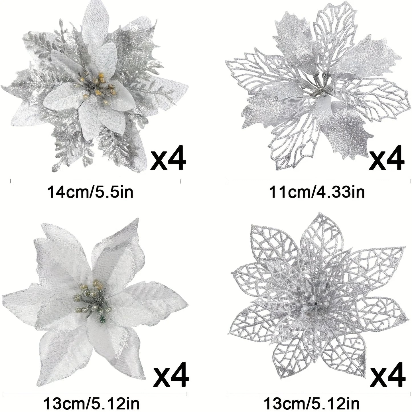 8/16PCS Glitter Artificial Christmas Flowers | Xmas Tree Decorations & Home Ornaments for 2025 New Year