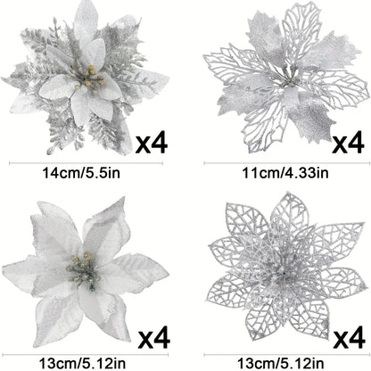 8/16PCS Glitter Artificial Christmas Flowers | Xmas Tree Decorations & Home Ornaments for 2025 New Year