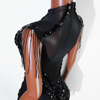 Sexy Shiny Silver Sequin & Black Spandex Jumpsuit — 2025 Women’s Prom, Dancer & Stage Performance Costume