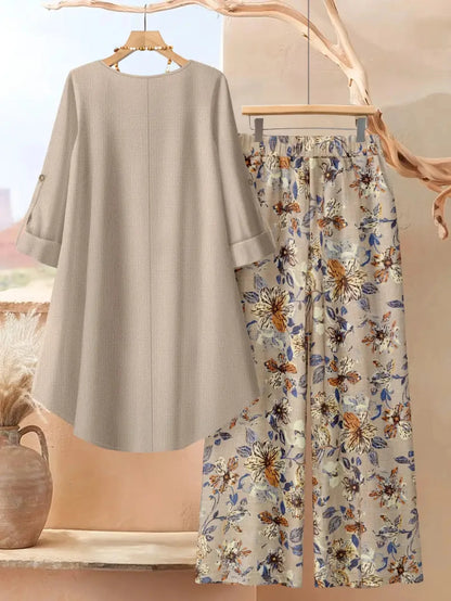 Women's Long Sleeve Top & Floral Wide-Leg Pants Set - Casual Resort Vacation & Everyday Outfit
