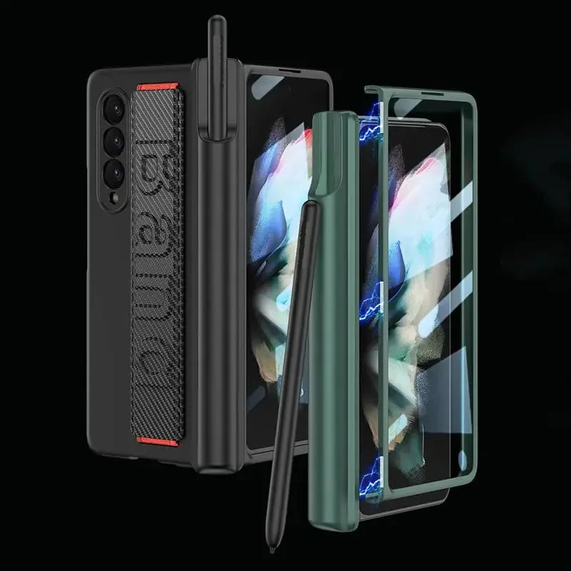 Magnetic Hinge Wrist Strap Case with Pen Slot & Screen Glass for Samsung Galaxy Z Fold 6/5/4/3 – Hard Protective Cover