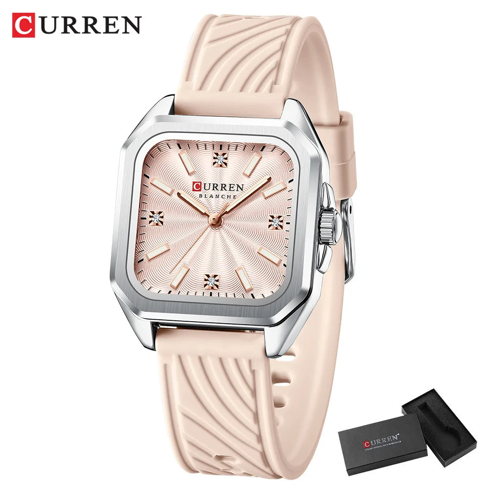 CURREN Square Women’s Quartz Watch - Casual Silicone Strap Fashion Wristwatch with Gift Box