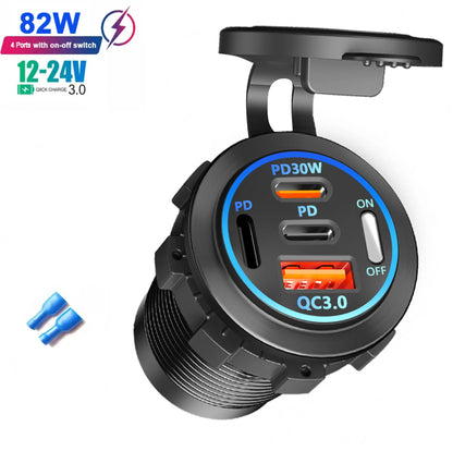 Car USB Fast Charger PD3.0 QC3.0 12/24V Socket with Voltmeter & On/Off Switch, Motorcycle Boat Auto Charging Adapter Accessory