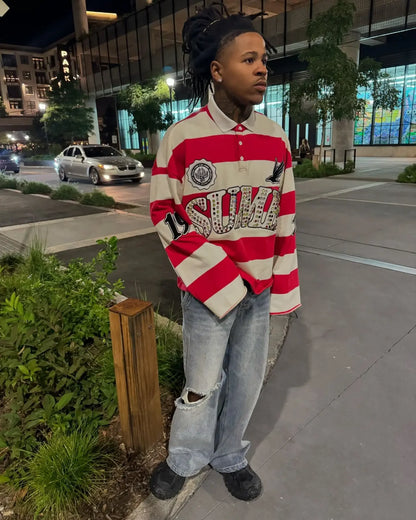 Sume Autumn Men’s Hip Hop Polo Shirt — Y2K Retro Long Sleeve Klein Stone Stripe Lapel Tee