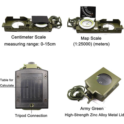 Multifunctional High-Precision Military Compass — Waterproof Metal Outdoor Survival Camping Compass with Fluorescent & Geological Features