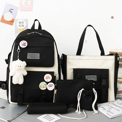 5-Piece School Bag Set – Canvas Backpacks for Teenage Girls & Women, Solid Color Student Schoolbags