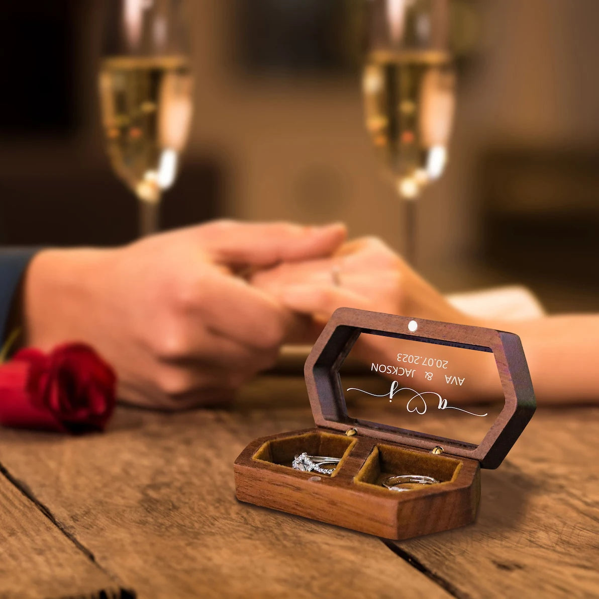 Personalized Walnut Wooden Ring Box - Custom Engraved Engagement & Wedding Ring Holder Gift for Couples, Brides & Grooms