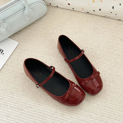 Spring Autumn Wine Red Mary Jane Shoes – Women’s Low Heel Leather Flats with Butterfly Knot & Round Toe