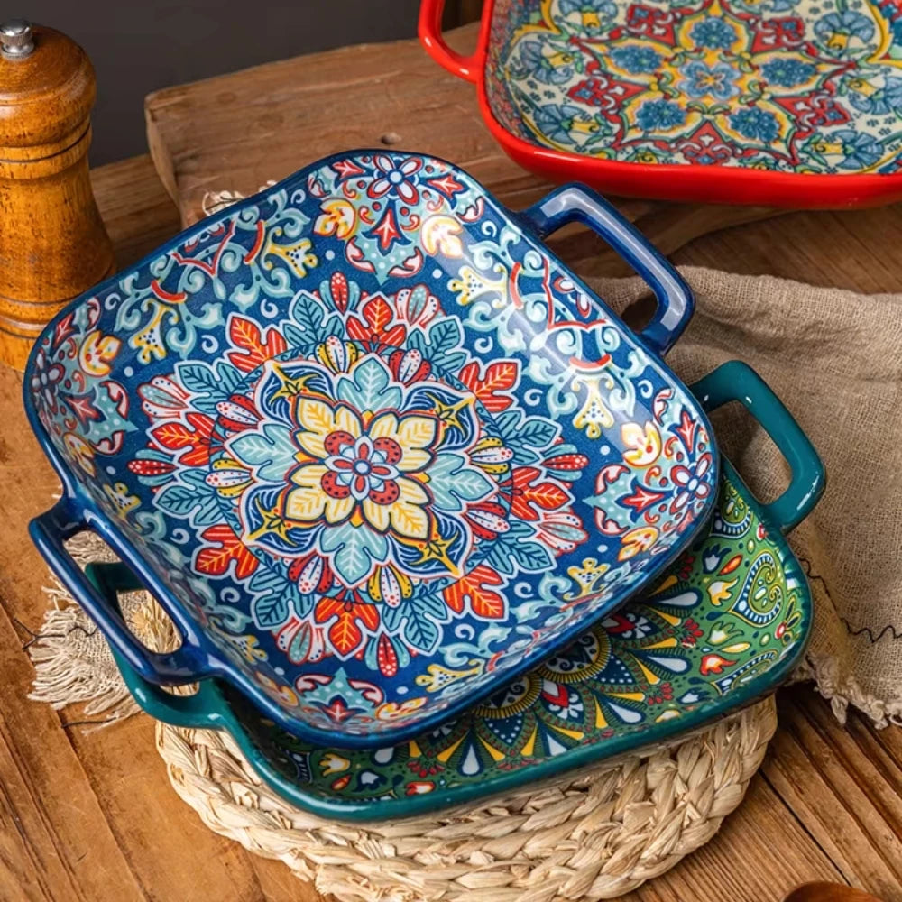 9-Inch Bohemian Style Ceramic Salad Plate with Double Ears — Oven & Microwave Safe Pasta Dish