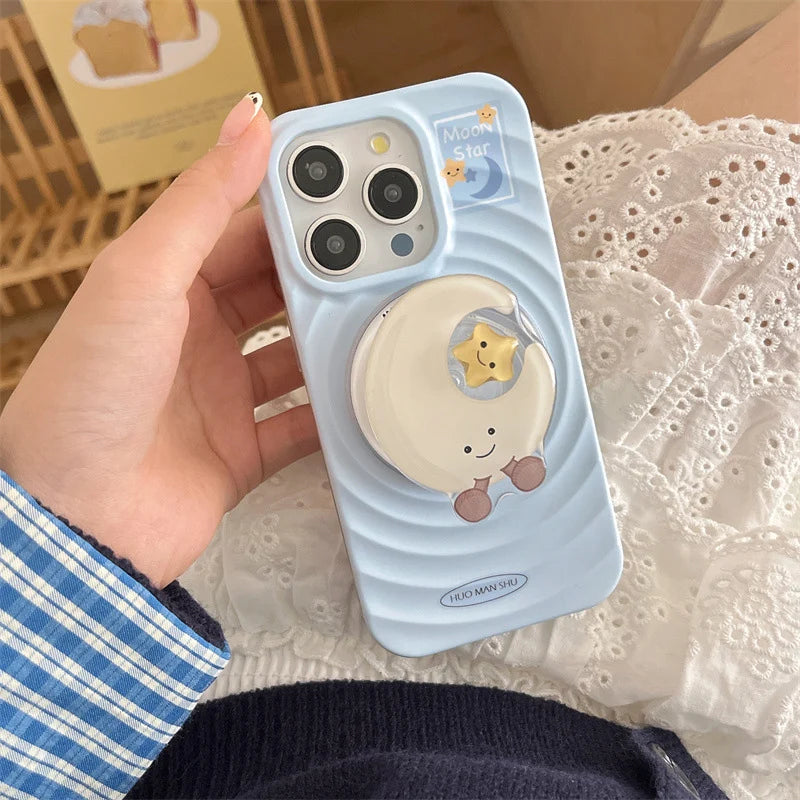 Cute Moon & Stars Rotating MagSafe Phone Grip Stand - Magnetic iPhone Holder with Wireless Charging Support