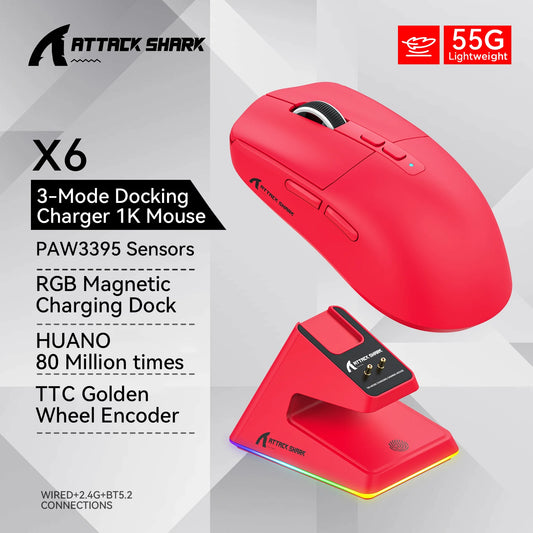 Attack Shark X6 PAW3395 Bluetooth Gaming Mouse — Tri-Mode Connection with RGB Touch, Magnetic Charging Base & Macro Functions