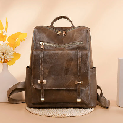 Trendy Women's Vintage PU Leather Backpack - Brown Daypack, Casual Travel and Retro Student School Bag