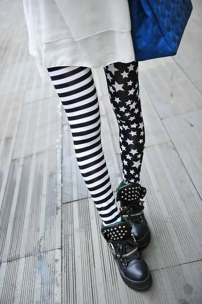 Women Star Print Elastic Jeggings – High Waist Stripe Cropped Pencil Leggings Fashion Skinny Pants L1071