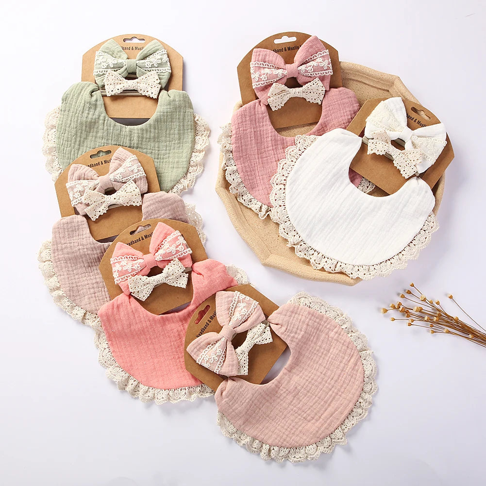 3PCS Baby Bib Set – Solid Muslin Cotton & Bamboo Feeding Drool Burp Cloth with Tassel Lace, Adjustable Infant Scarf for Boys & Girls