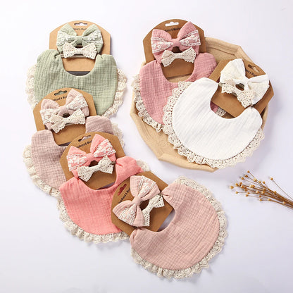 3PCS Baby Bib Set – Solid Muslin Cotton & Bamboo Feeding Drool Burp Cloth with Tassel Lace, Adjustable Infant Scarf for Boys & Girls