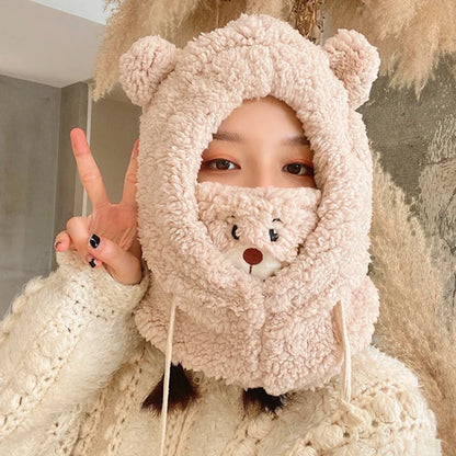 Winter Cartoon Bear Lamb Hat with Mask – Thickened Warm Beanie with Ear Protection for Women & Girls
