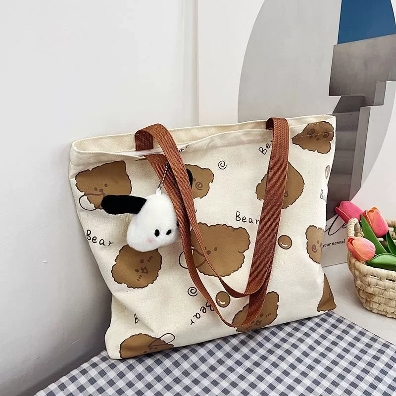 MINISO Snoopy Canvas Bag — Women’s Large Capacity Cartoon Handbag, Multi-Purpose Shoulder Tote with Hanging Accessory